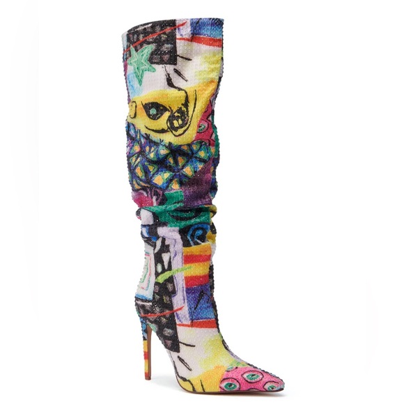 AZALEA WANG Colorful Abstract Patterned Stiletto Rhinestone Boots - Picture 2 of 7